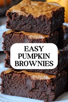 three brownies stacked on top of each other with the words easy pumpkin brownies