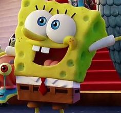 an animated spongebob character with his arms out and eyes wide open, standing in front of stairs