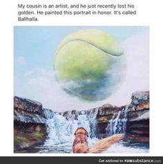 a painting of a tennis ball floating in the air over a body of water and rocks