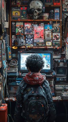 a person with a backpack is looking at a computer screen in a room full of video game memorabilia