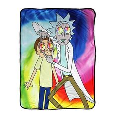 the rick and mort face to face on a colorful tie - dyed blanket with an image of two people