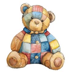 a watercolor painting of a teddy bear wearing a hat and jacket with buttons on its chest