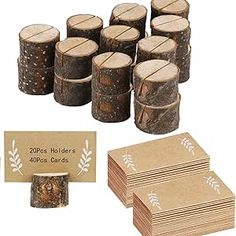 there are many pieces of wood with labels on them and place cards next to each other