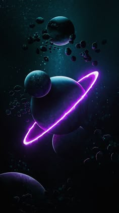 an abstract space scene with planets and neon lights in the dark sky, as well as bubbles