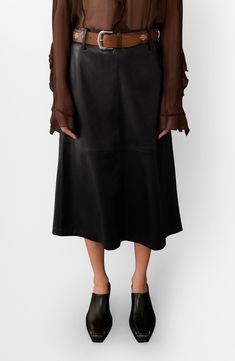 Constructed from paneled faux leather, this elevated midi skirt is shaped by a wide defining belt and a classic A-line silhouette. Hidden back-zip closure Removable belt Lined 100% polyester with 100% polyurethane coating Spot clean Imported Faux Leather Midi Skirt, Men's Shoes Accessories, Leather Midi Skirt, Walker Shoes, Platform Slippers, Denim Leggings, Skin Care Women, Comfortable Dress, Fashion Help