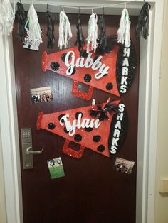 the door is decorated with personalized items