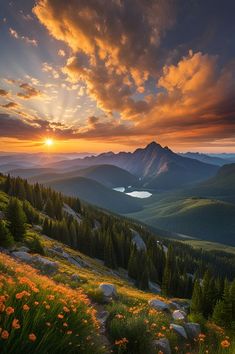 the sun is setting over mountains and flowers