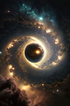 an artist's rendering of a black hole in the sky surrounded by stars and clouds