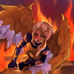 a woman with blonde hair and wings sitting in front of a blazing fire filled background