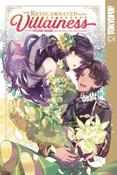 the cover to an anime novel with two people hugging each other and flowers in front of them