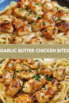 garlic butter chicken bites on top of pasta in a blue bowl with text overlay