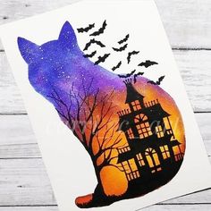 a card with an image of a cat in front of a house and bats on it