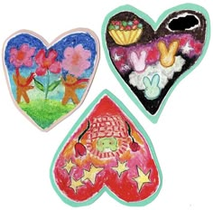 three heart shaped paper cut outs with flowers and animals on them, each one has a child's artwork