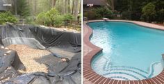 before and after pictures of a swimming pool being remodeled with tarp over the edge