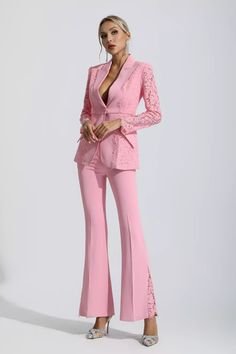 Pink Long Sleeve Set With Lace Trim, Pink Long Sleeve Sets With Lace Trim, Pink Lace Trim Long Sleeve Set, Elegant Lace Work Party Set, Elegant Party Sets With Lace Work, Pink Lace Trim Sets For Spring, Formal Fitted Lace Sets, Elegant Lace Sets For Night Out, Pink Fitted Lace Sets