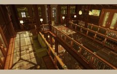 the inside of a library with lots of bookshelves and tables on each floor