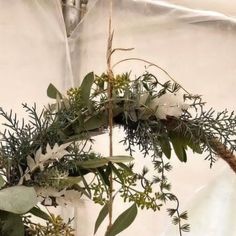 an arrangement of greenery is hanging on a wall