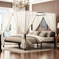 a canopy bed with white drapes and pillows on top of it in a bedroom