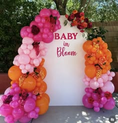 a baby in bloom balloon arch with flowers and balloons attached to it's sides