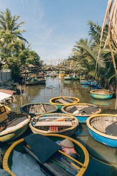 many small boats floating on top of a body of water near palm trees and buildings