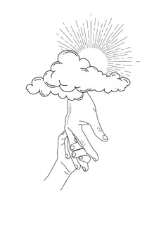 a drawing of a hand holding a cloud with the sun coming out from behind it