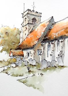 a watercolor painting of an old church