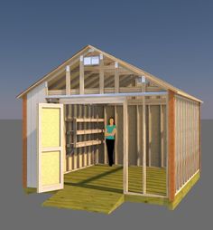 a woman is standing in the doorway of a shed