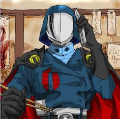 an anime character holding chopsticks in one hand and wearing a helmet on the other