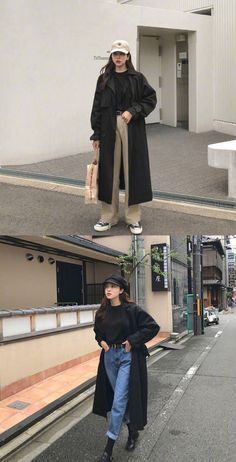 Korean Fashion 2023 Winter, Black Trench Coat Outfit Korean, Korean Leather Outfit, Japan Ootd Winter Cute Outfits, Japan Women Outfit, South Korean Fashion Street Styles, Trench Coat Korean Outfit, Seoul Winter Fashion