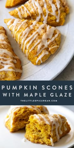 pumpkin scones with maple glaze on a white plate