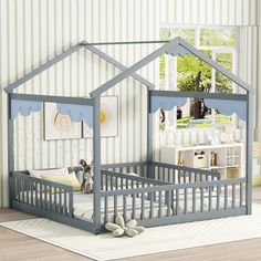 Double Twin House-Style Floor Bed With Fence, Guardrails, Without Door Double Twin Beds, Twin Floor Bed, Twin Size Beds, Twin House Bed, Wood Frame House, Double House, House Beds For Kids, Montessori Floor Bed, Floor Bed Frame