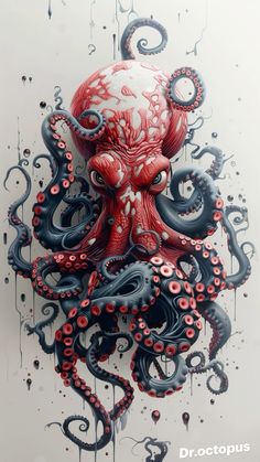 an octopus with red and black tentacles on it's head, surrounded by water droplets