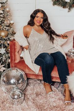 Plus Size Glitter Outfit, Sequin Tank Outfit, Sequin Tank Top Outfit, Glitter Tops Outfit, Sequin Material, Velvet Sweater, Stunning Style, Snake Print Dress, Impressions Online Boutique