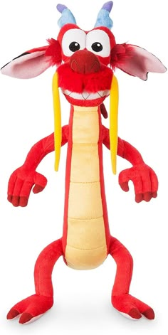 a red and yellow stuffed animal with big ears on it's head, arms and legs