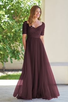 J215001 Netting with Stretch Lining MOB Dress with Portrait V-Neckline Party Wear Modest Dress, Wedding Evening Dress Kerala, Simple Wedding Frocks, Farwell Idea Dress Western, Bridesmaid Western Dresses, Scerts Model Dress, Netted Gowns For Women, Long Dress Designs Gowns Western, Net Gowns For Women