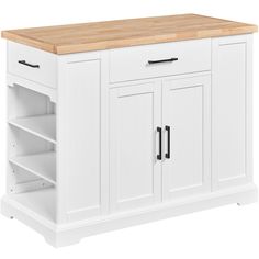 a white kitchen island with butcher block top and drawers on the bottom, against a white background