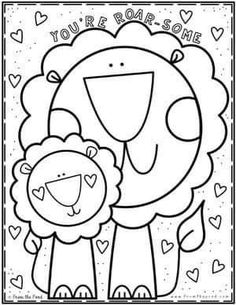 a coloring page with an image of a lion and its cub in the middle, surrounded by hearts