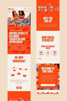 an orange and white web page with two different images on it, one is showing people eating