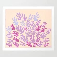 pink and purple leaves on yellow background art print