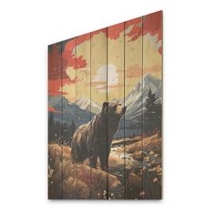 a painting of a bear standing in the grass with mountains and clouds behind it, painted on wood panels