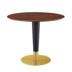 a round wooden table with two black and gold pedestals on each side, against a white background