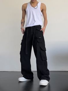 DETAILSMaterial: CottonClosure Type: Zipper FlyMid waistBroadcloth fabric High Waist Cotton Techwear Pants, Black Utility Bottoms With Pockets, Black Wide Leg Techwear Cargo Jeans, Urban Style Black Pants With Pockets, Urban Black Pants With Pockets, Black Utility Bottoms With Multiple Pockets, Urban Black Bottoms With Pockets, Black Urban Cargo Jeans, Black High Waist Bottoms With Multiple Pockets