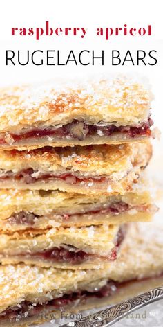 a stack of raspberry apricot rugelach bars on top of each other