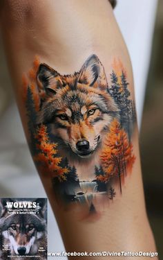 an arm with a wolf and trees on it