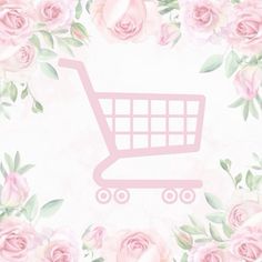 a shopping cart surrounded by pink roses on a watercolor background with green leaves and stems