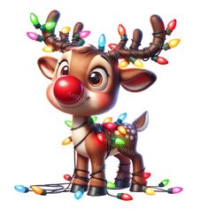 a reindeer with christmas lights on it's antlers is standing in front of a white background