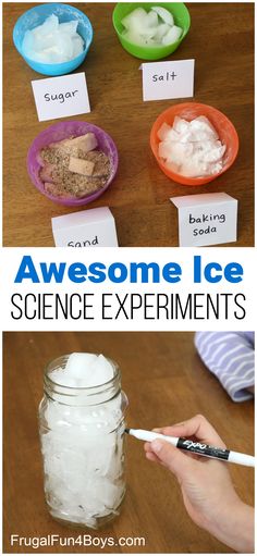 there are three different types of ice in small bowls and one is labeled with the word, awesome ice science experiments