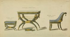 an antique drawing of chairs and tables