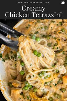 creamy chicken tetrazzini with peas and cheese in a white bowl on a black background