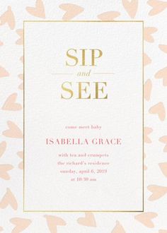 a pink and gold wedding card with the words sip and see on it in white